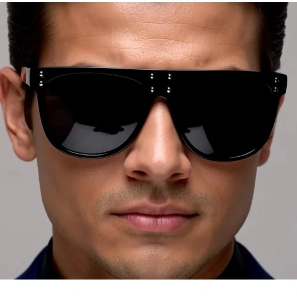 Flat Top Sunglasses Men Fashion Square Frame Luxury Trendy Dark Black Lens Gafas